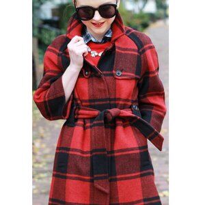 GAP Red and Black Pea Coat with Buffalo Plaid 3/4 Sleeves Women's Size XS
